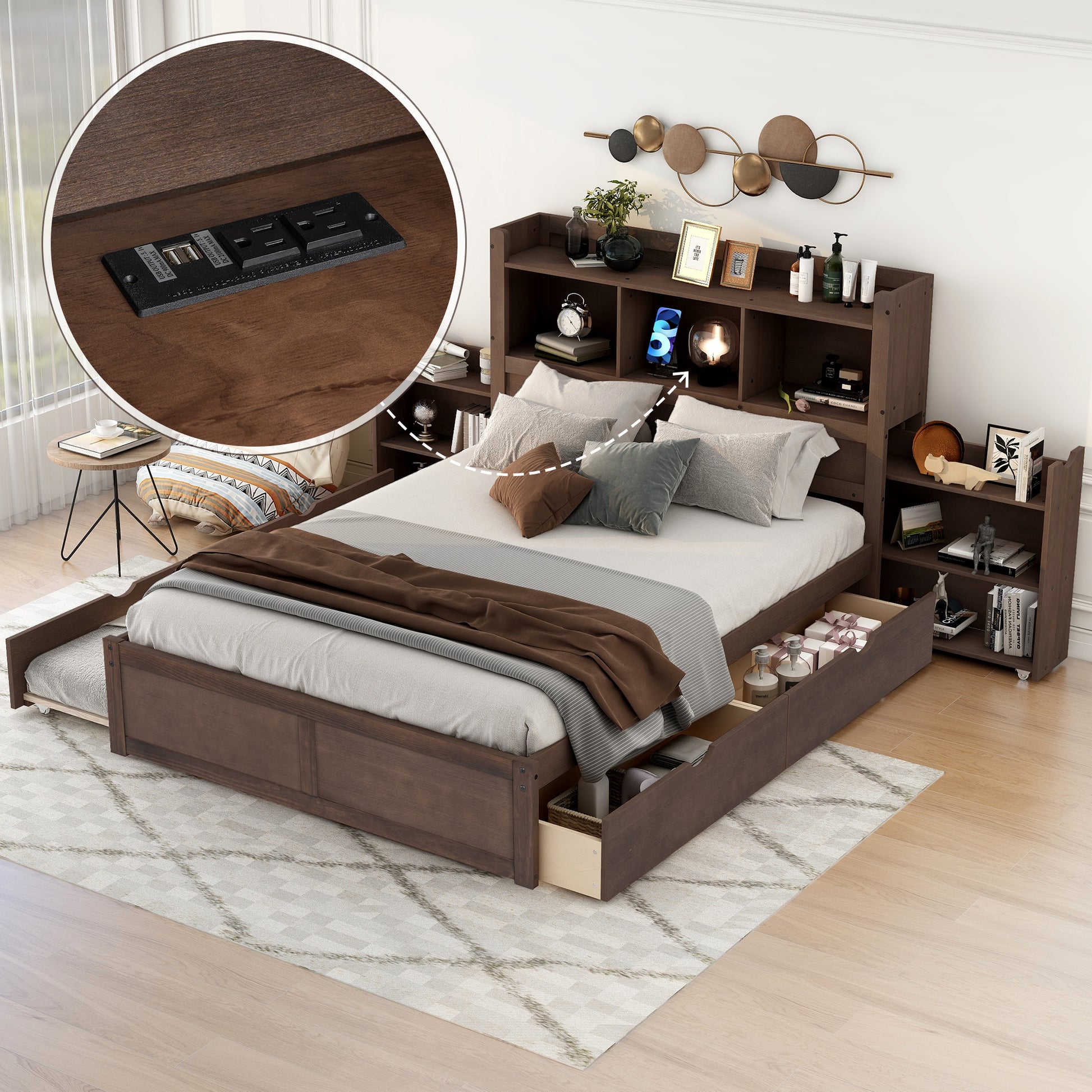 Full size trundle bed with USB charging