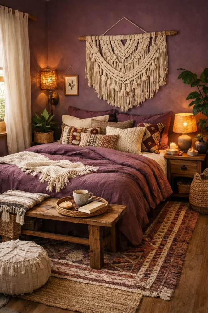 plum and sage green bedroom
