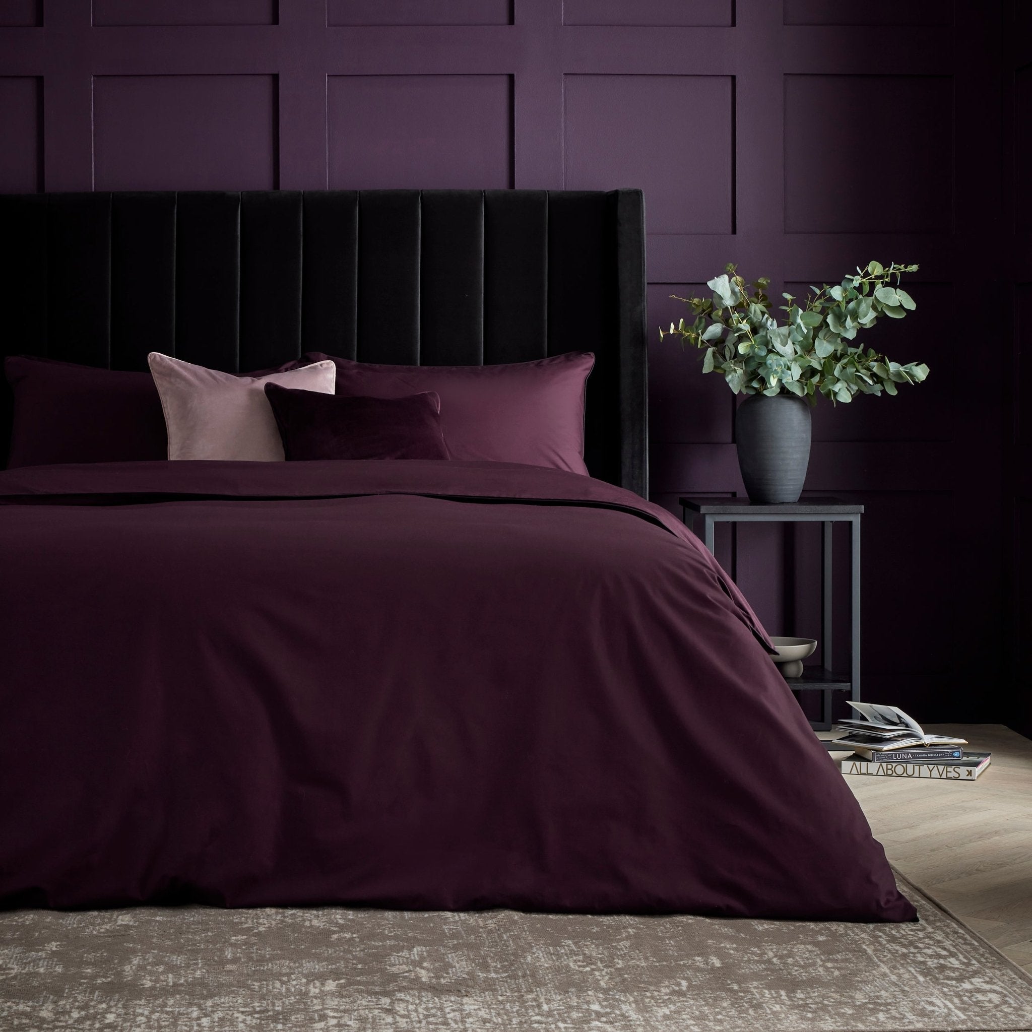 plum and grey bedroom