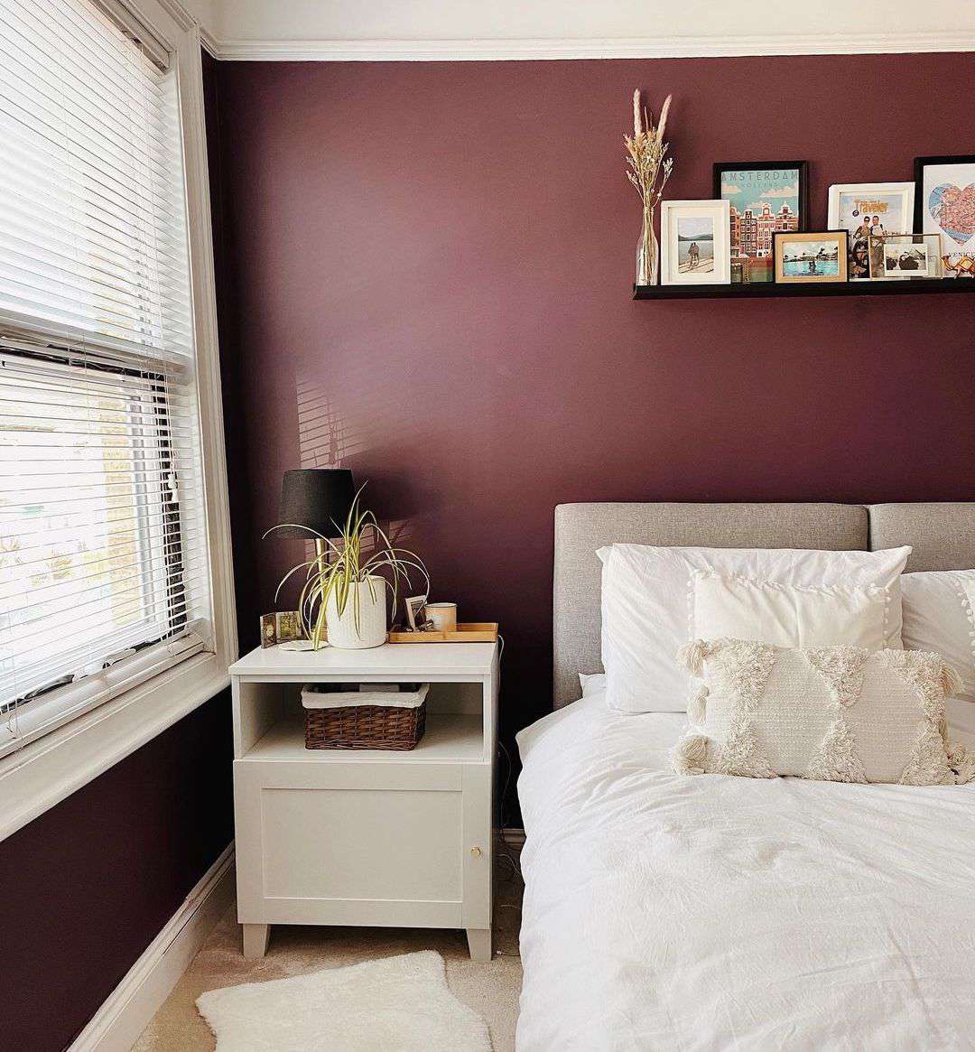 plum and sage green bedroom